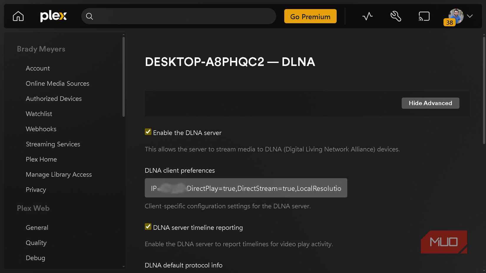 Enabling the DLNA server feature in Plex's in-app settings.
