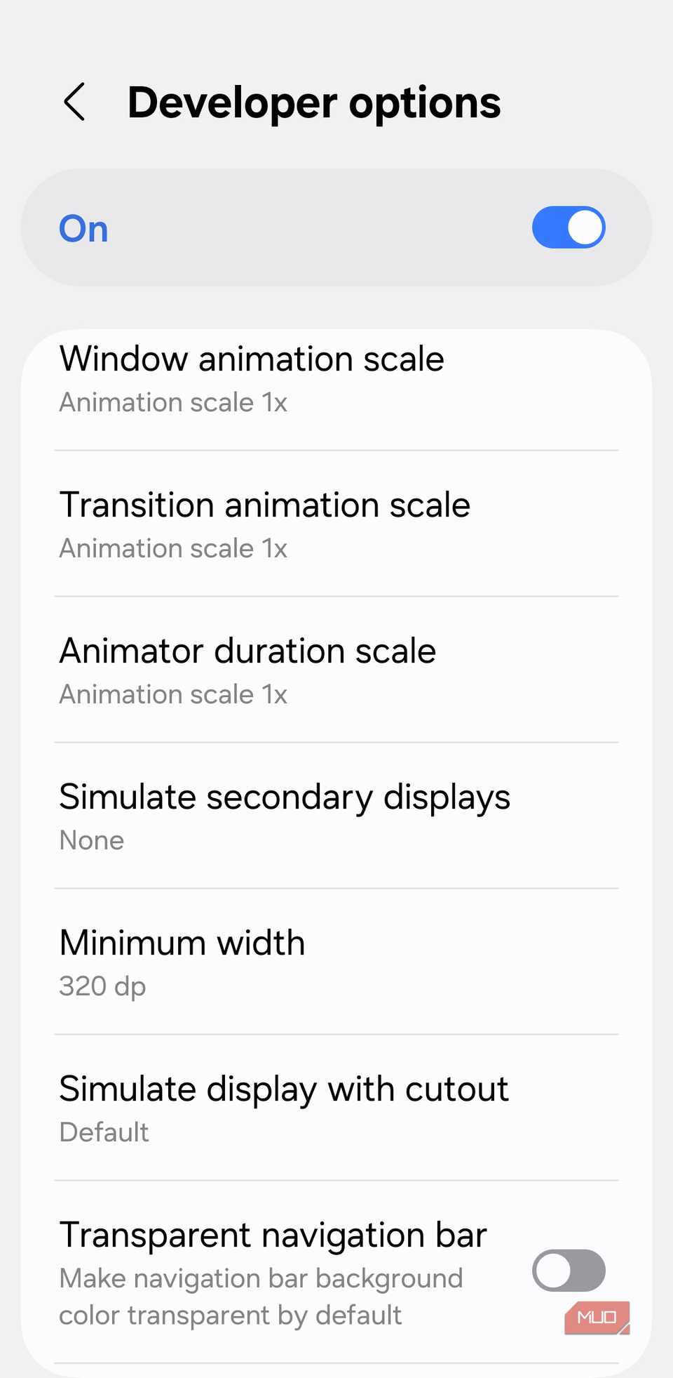 Enlarged developer options menu