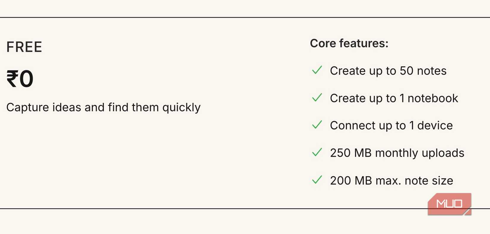 Evernote free plan description.