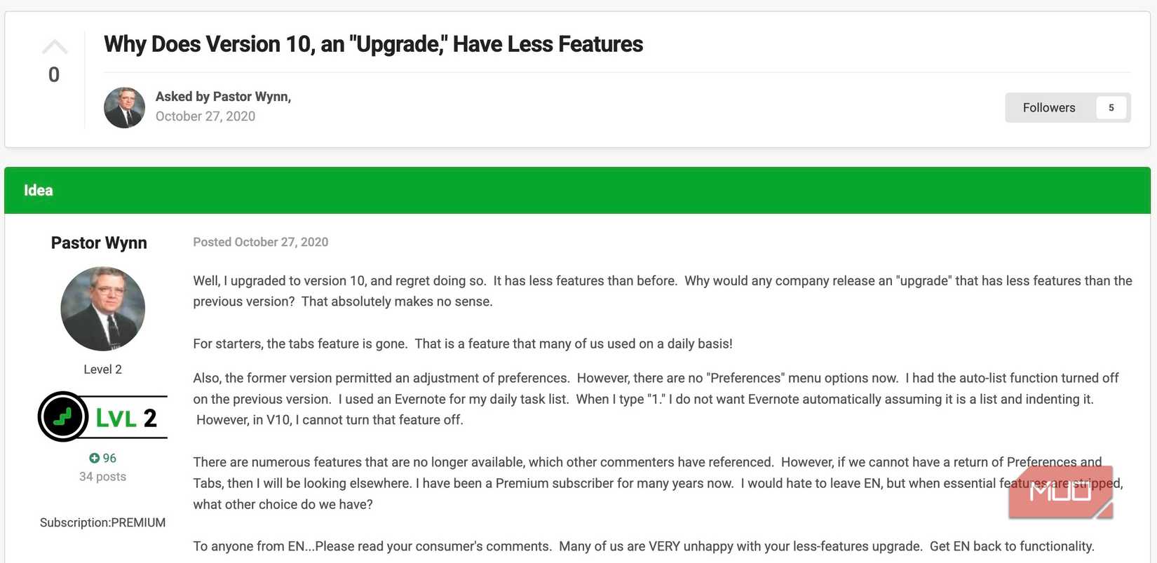 A post on Evernote forum about the v10 update feeling less of an upgrade with reduced features.