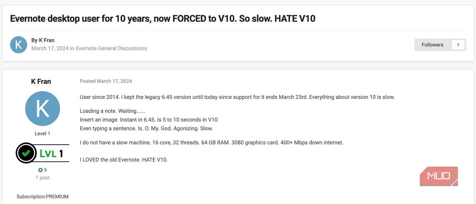 A post on Evernote forum about Evernote forcefully making users upgrade to v10.