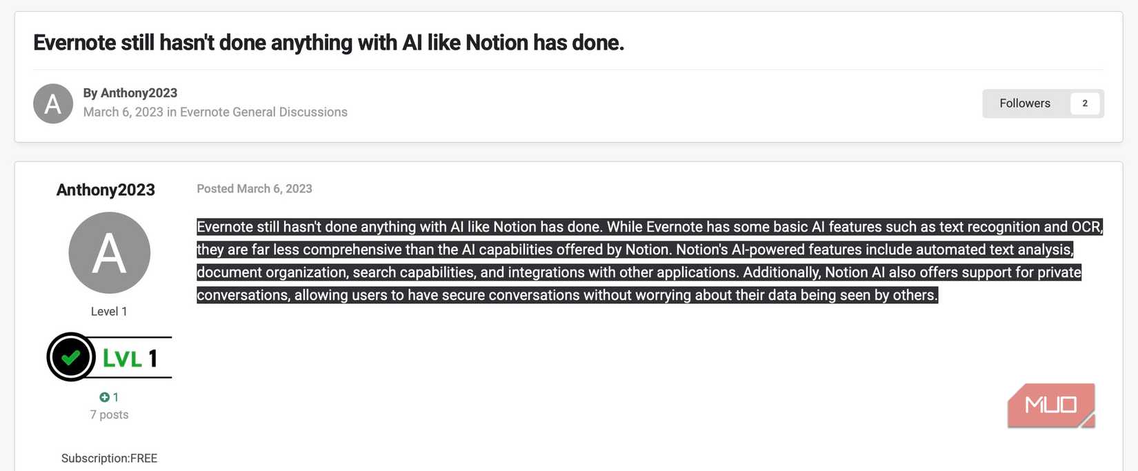 A post on Evernote forum discussing missing features its competitors come packed with.