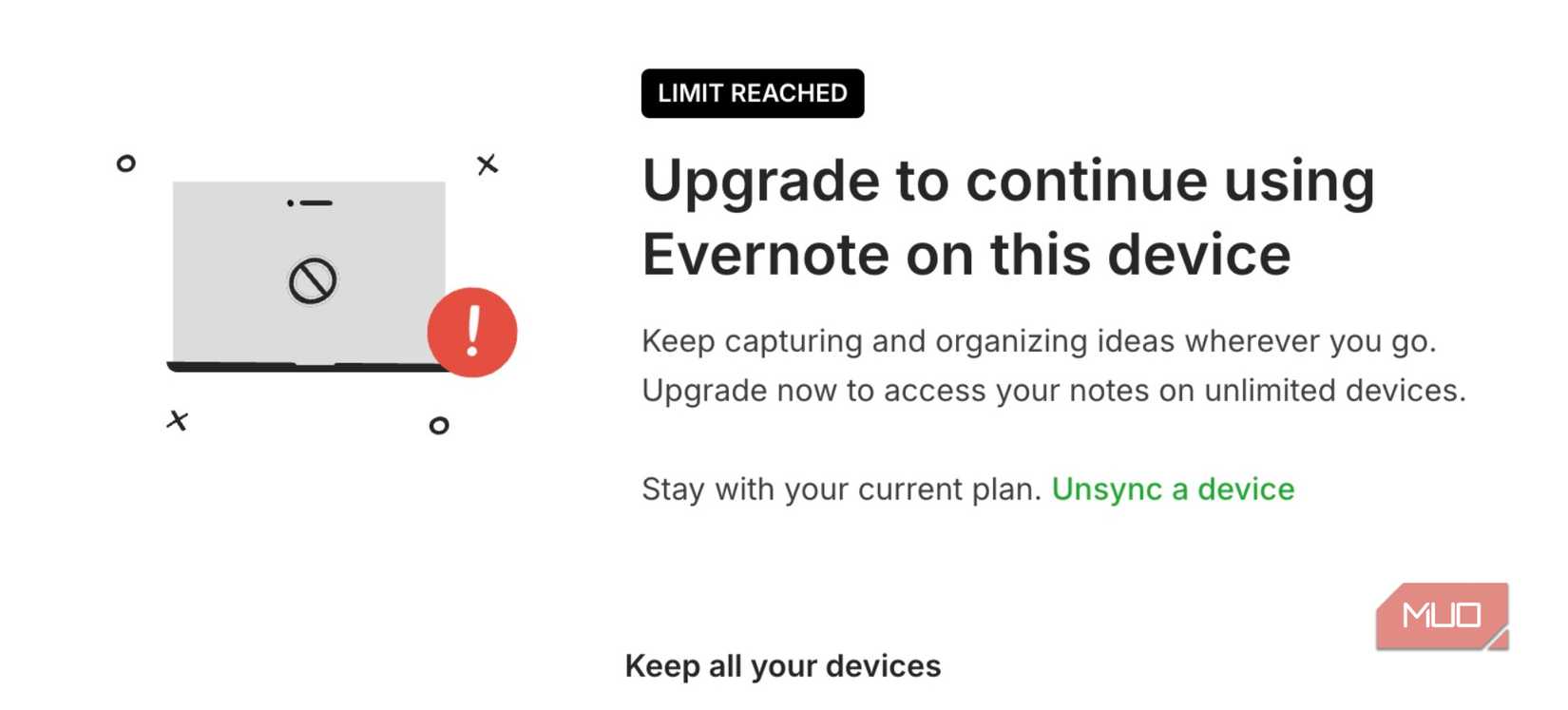Evernote limit reached message asking to upgrade plan to continue using it on more devices.