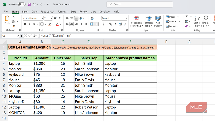 Excel cell formula path check in Excel with the CELL function.