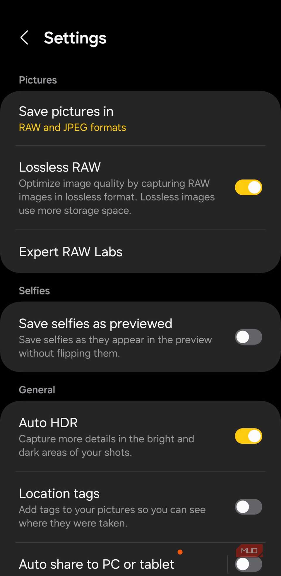 Expert RAW app settings on Galaxy phone