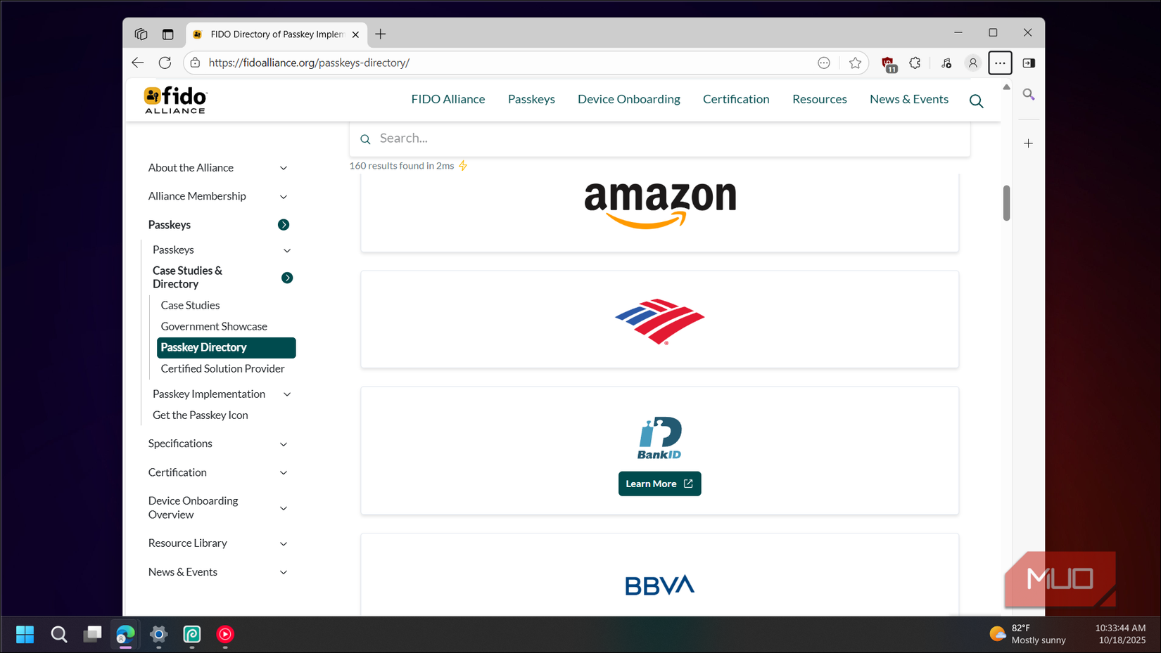 Fido directory webpage on Windows 11