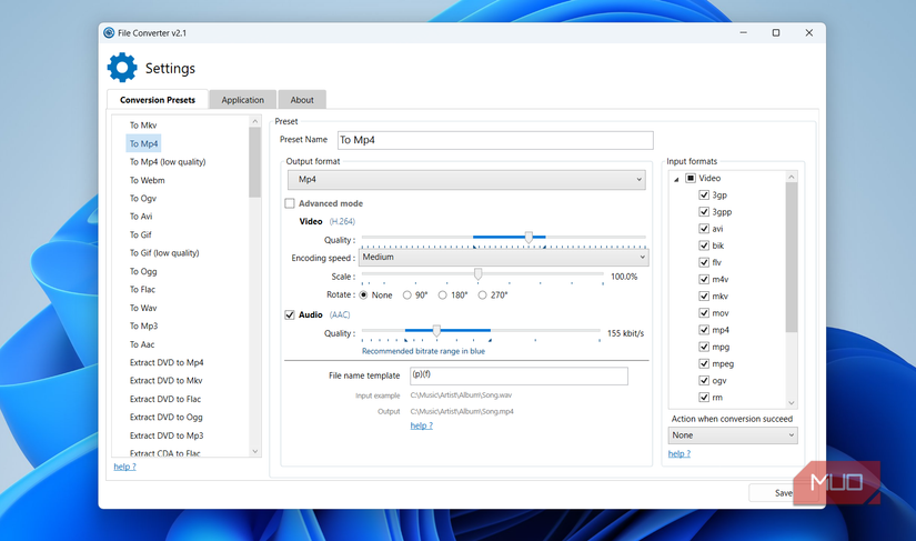 File converter app settings on Windows 11