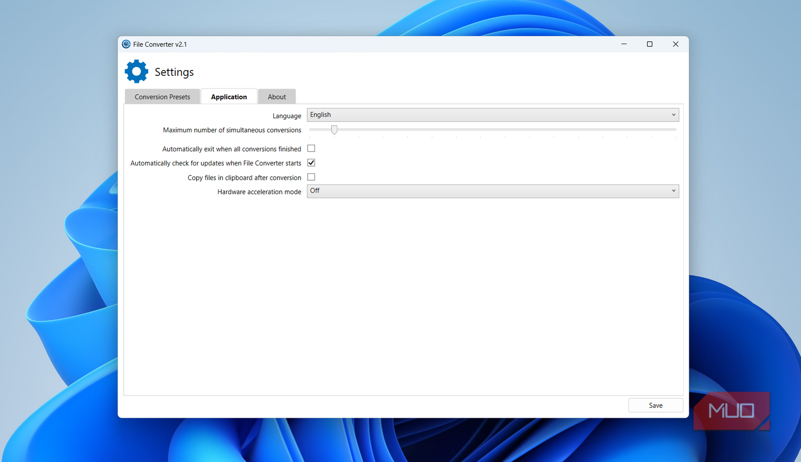 File converter app settings on Windows