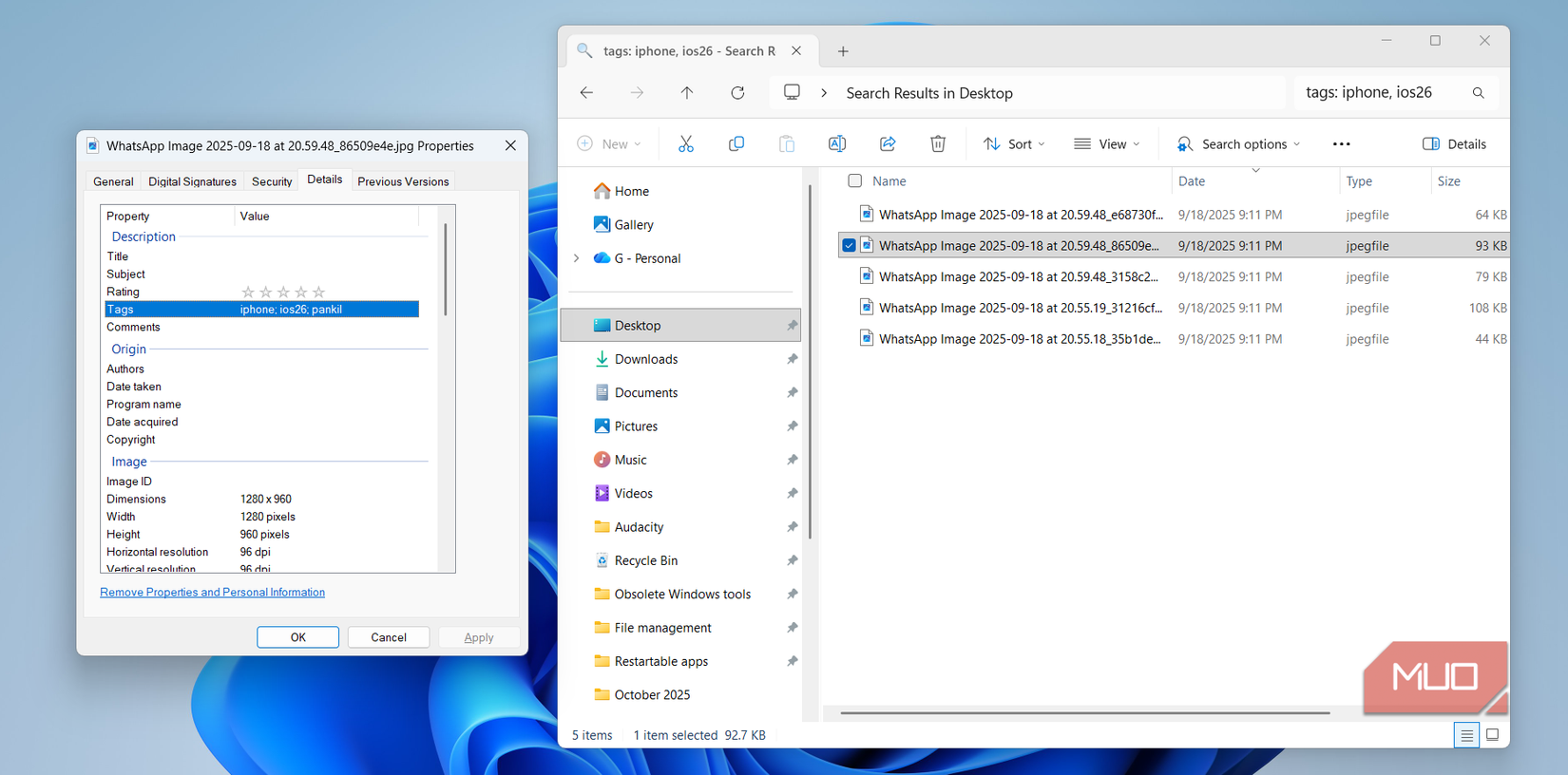 File Explorer and properties window