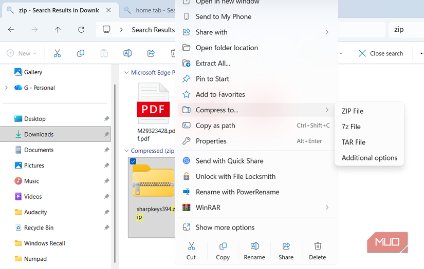 File Explorer archive options