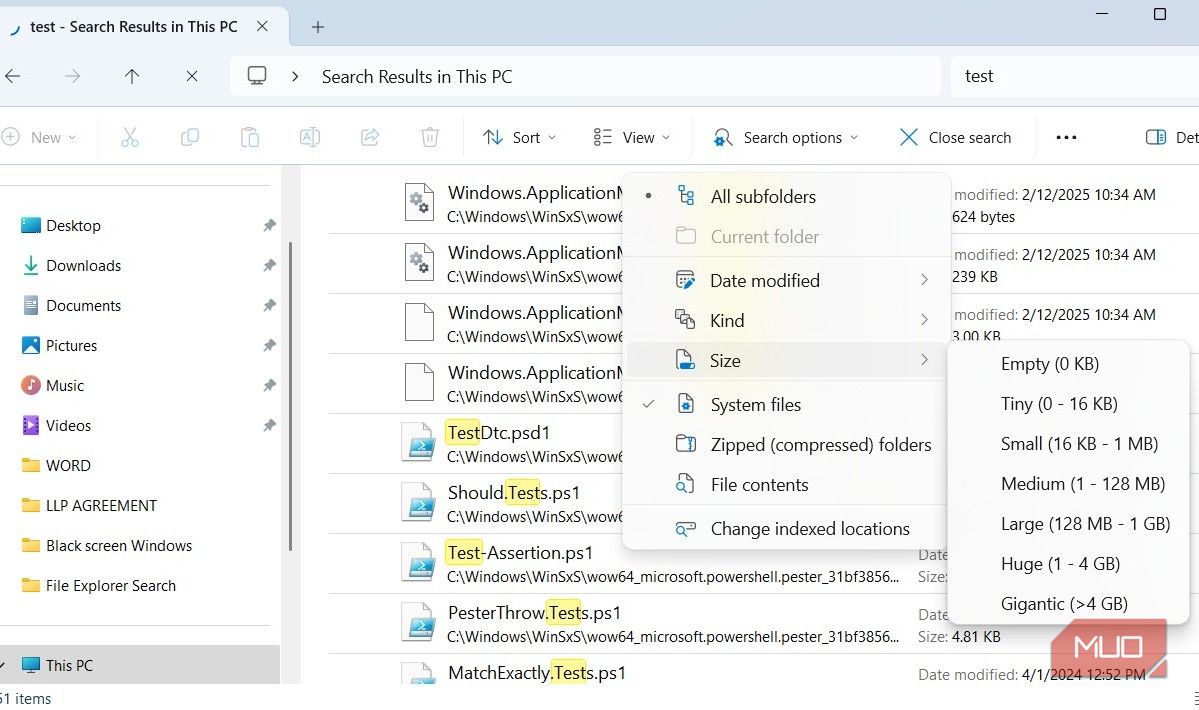File Explorer search options menu on Windows