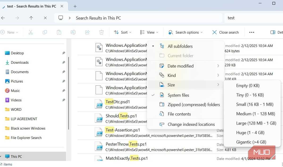 File Explorer search options menu on Windows