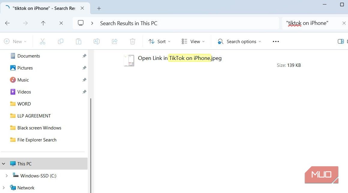 File Explorer search showing exact match on Windows