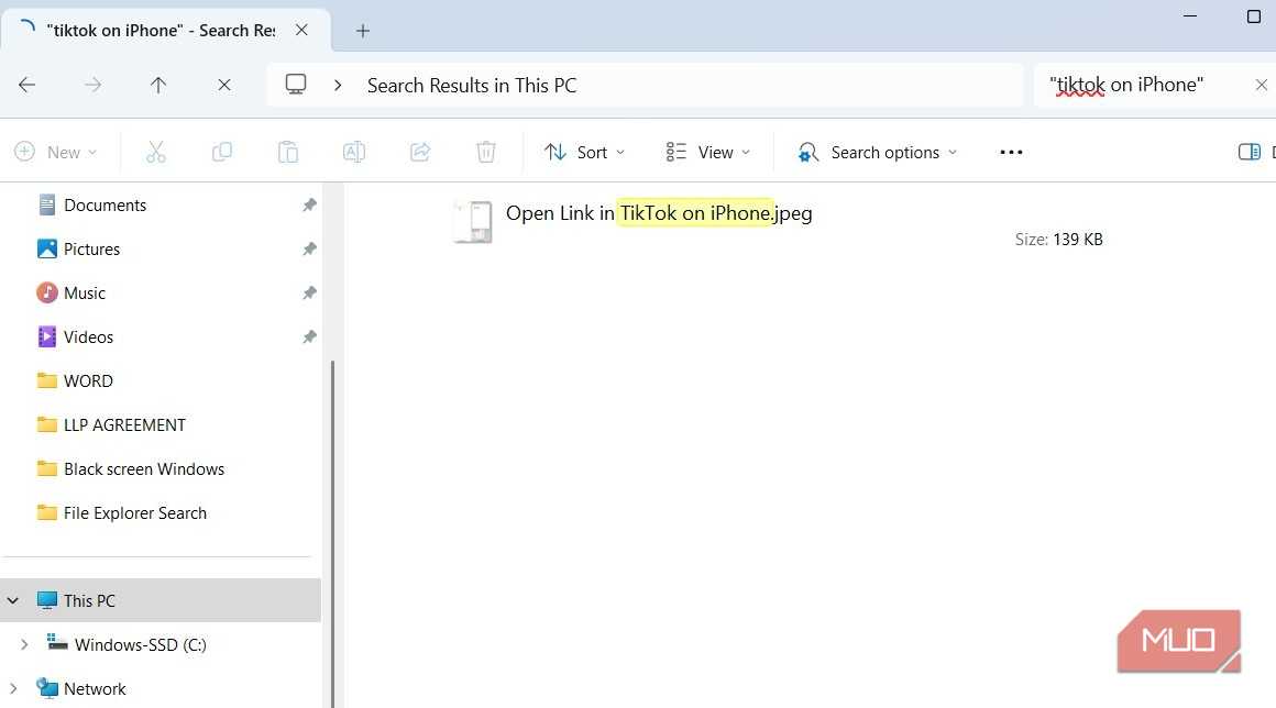 File Explorer search showing exact match on Windows
