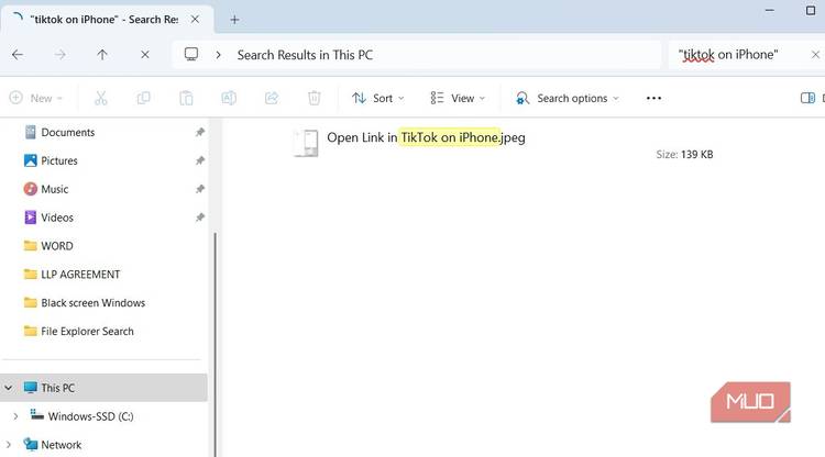 File Explorer search showing exact match on Windows