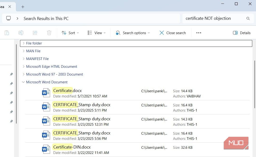 File Explorer search with NOT operator on Windows