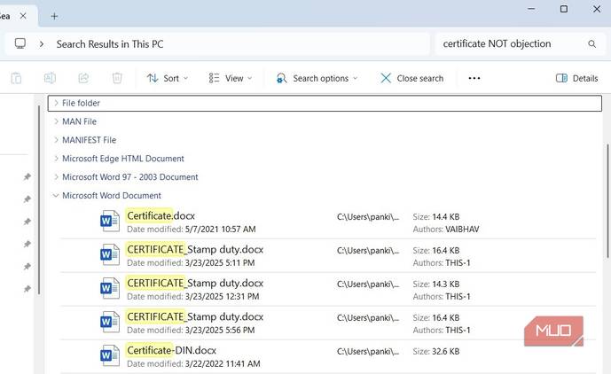 File Explorer search with NOT operator on Windows