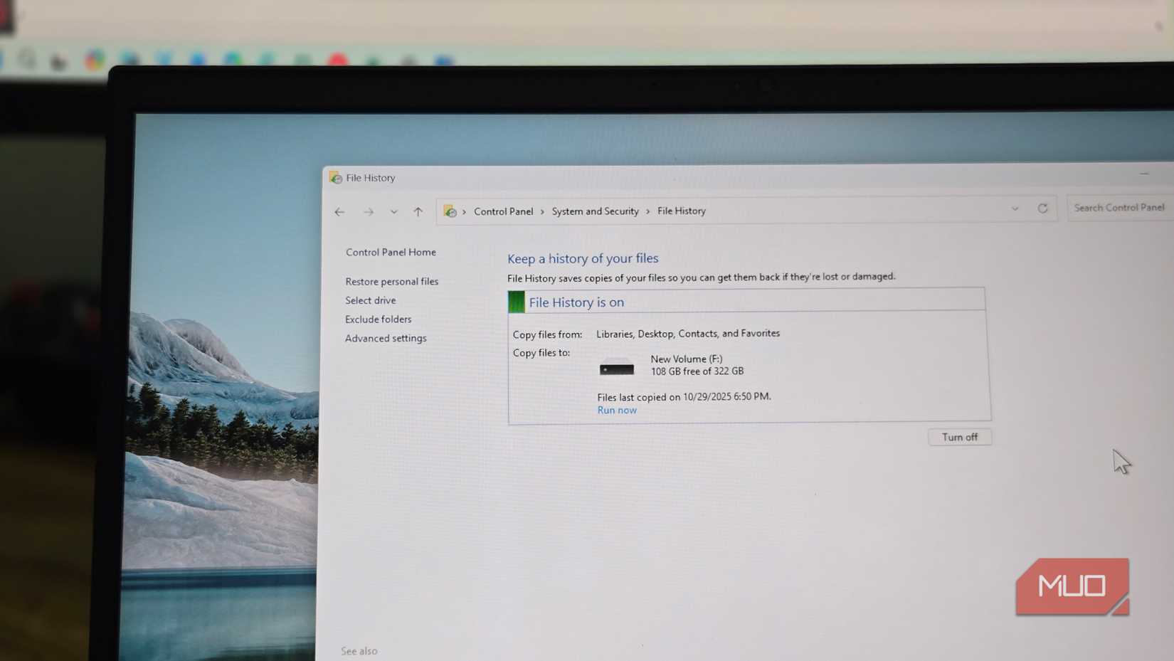 Files History option open in Control Panel on Windows 11