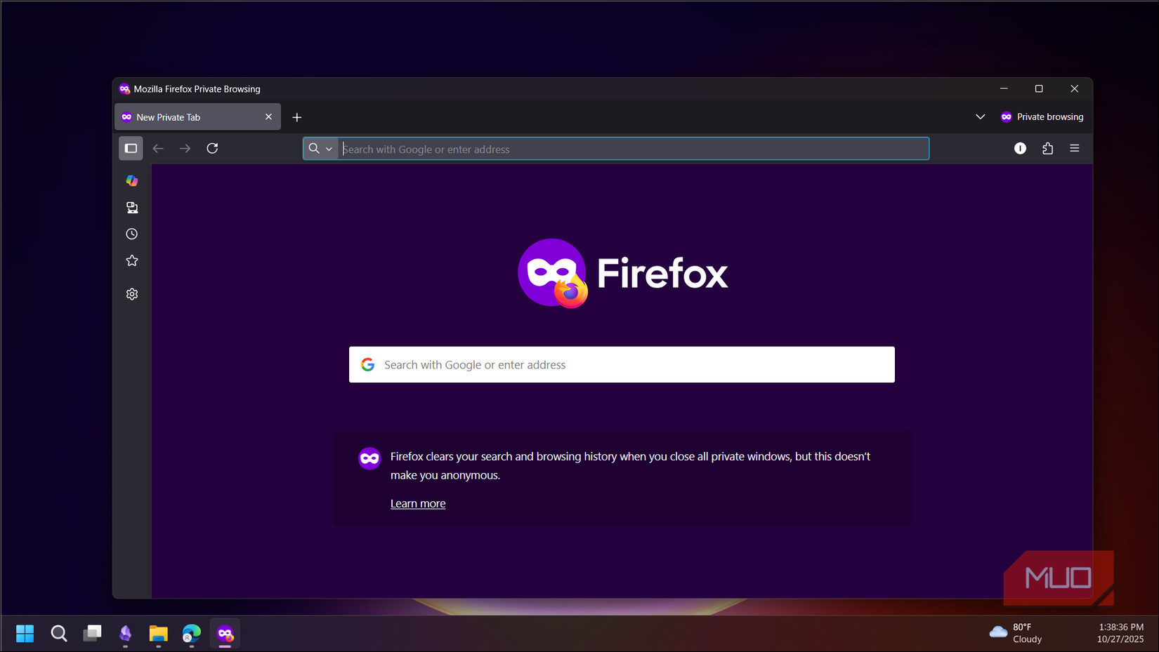Firefox web browser open in private mode on Windows 11