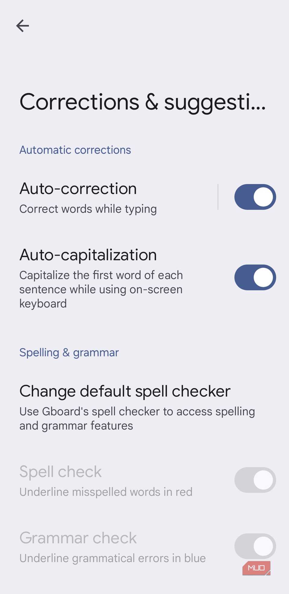 Gboard text correction settings on Android phone
