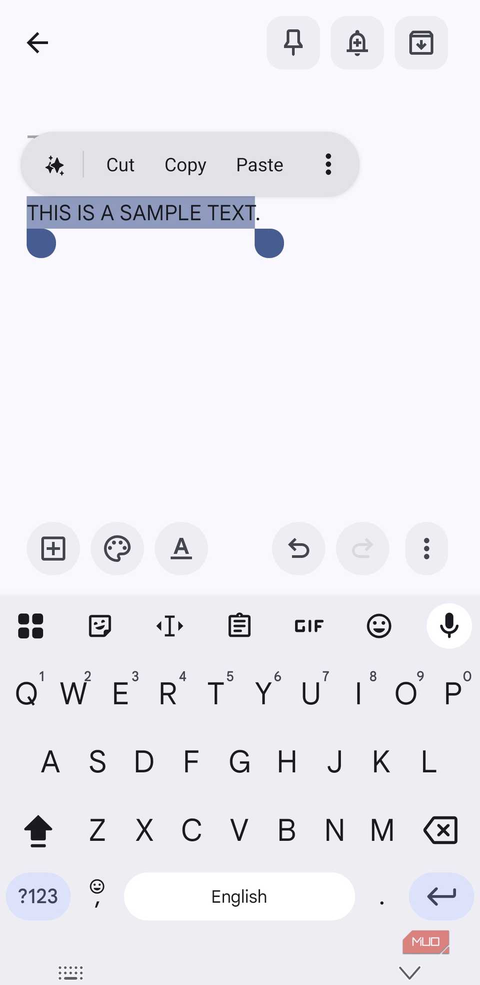 Gboard with text selected in uppercase