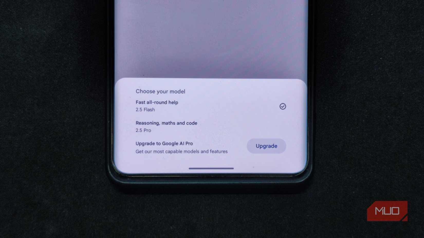 Gemini AI model selection page.