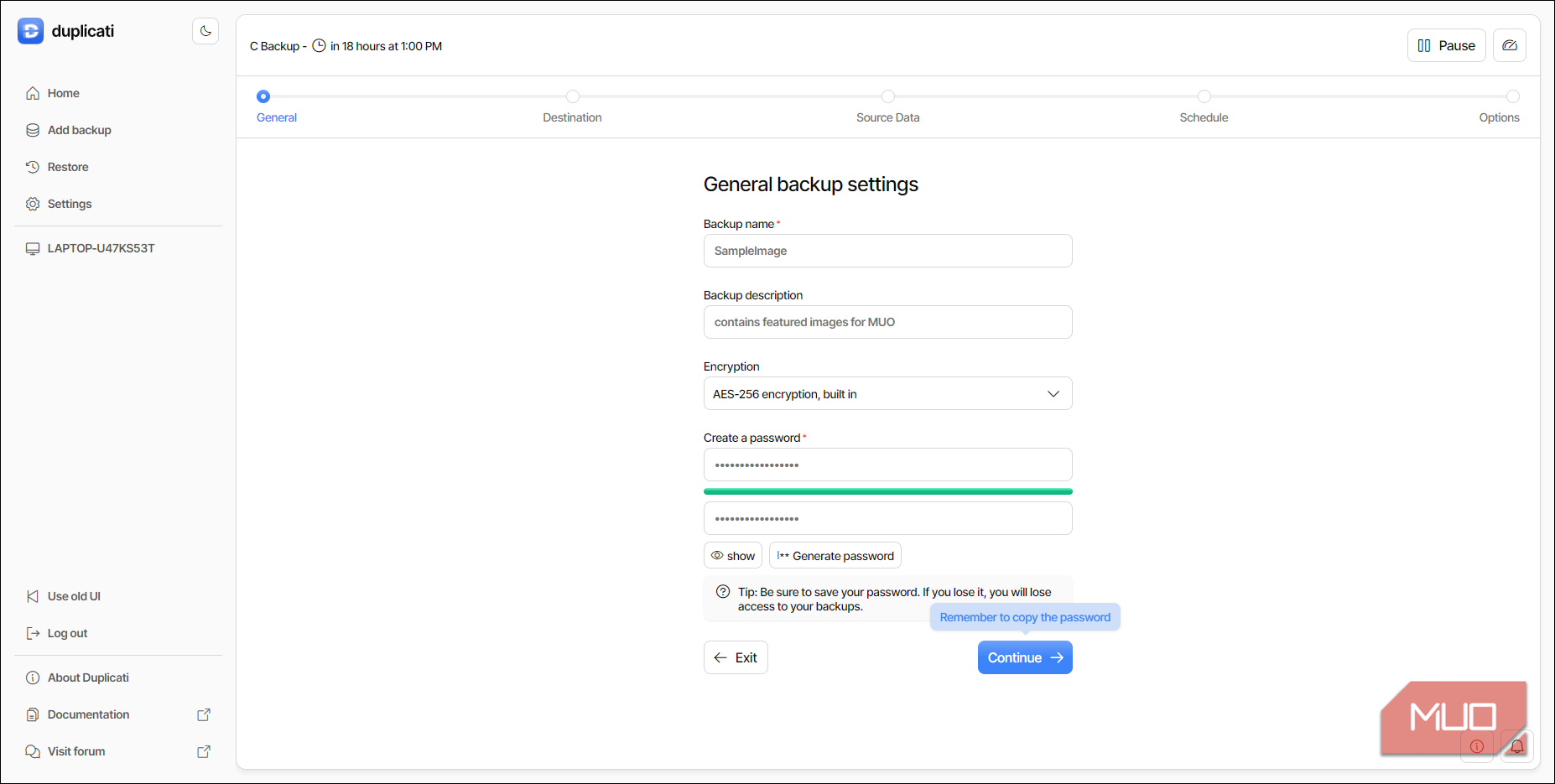 General backup setting