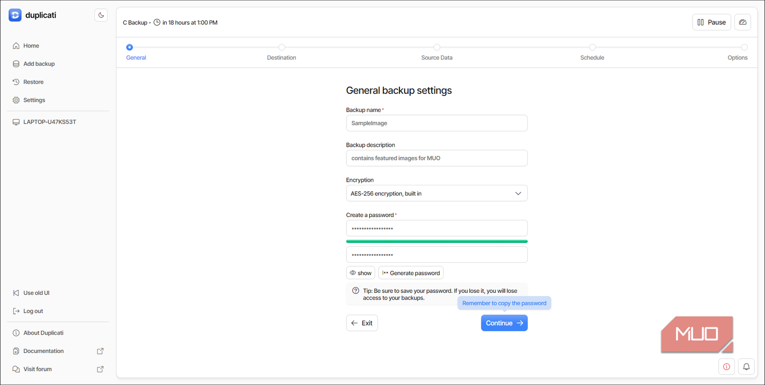 General backup setting