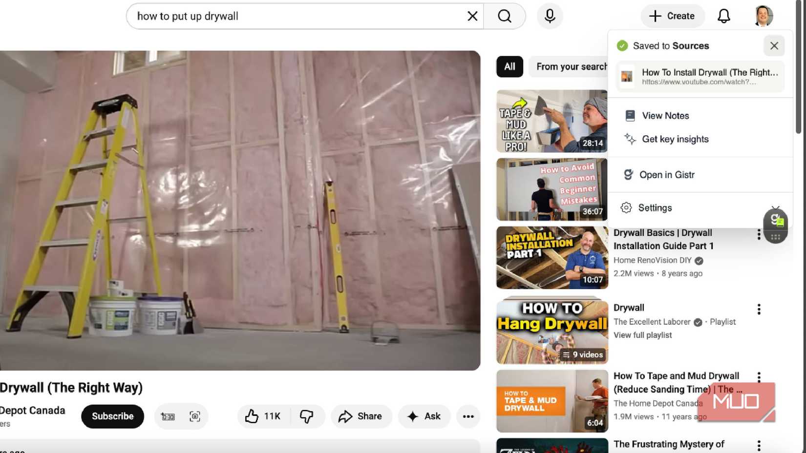 Gistr saving a YouTube video as a source.