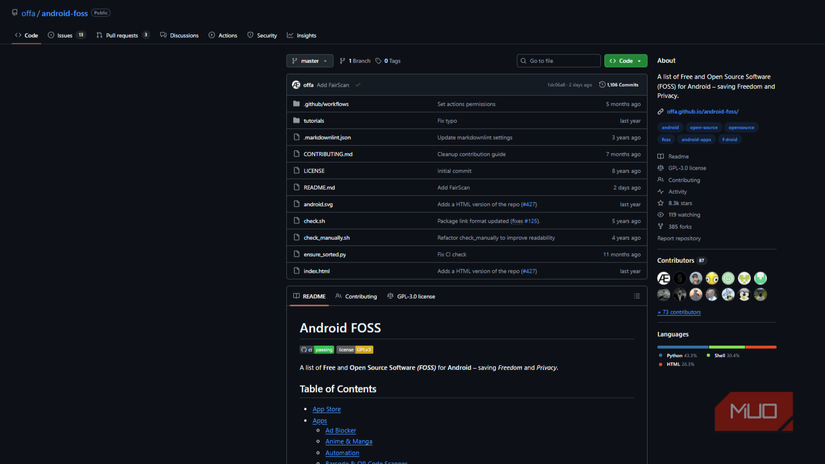 GitHub page of the user offa with the list of FOSS apps for Android.