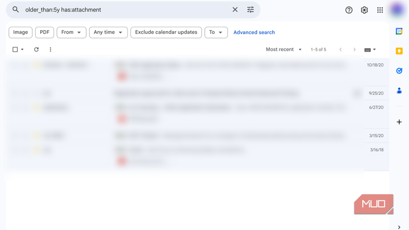 Gmail app showing emails older than five years with an attachment.