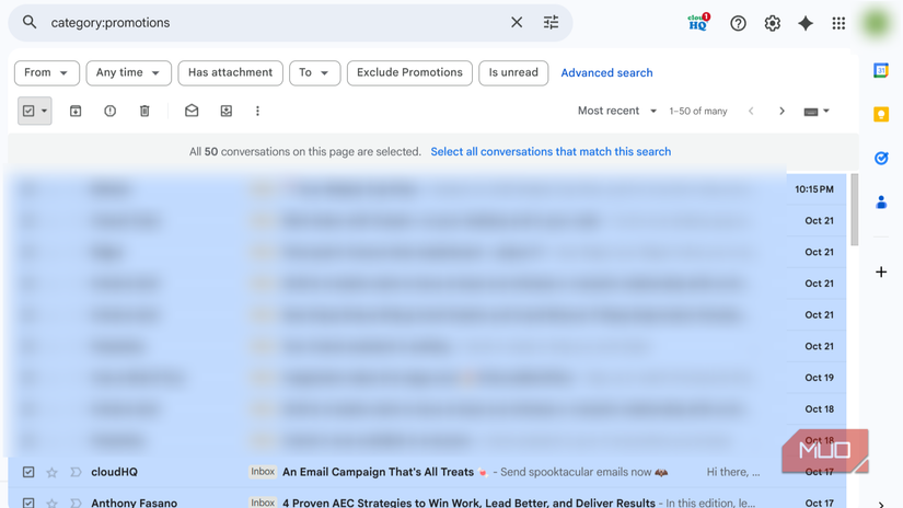 Gmail app showing promotional emails sorted by most recent