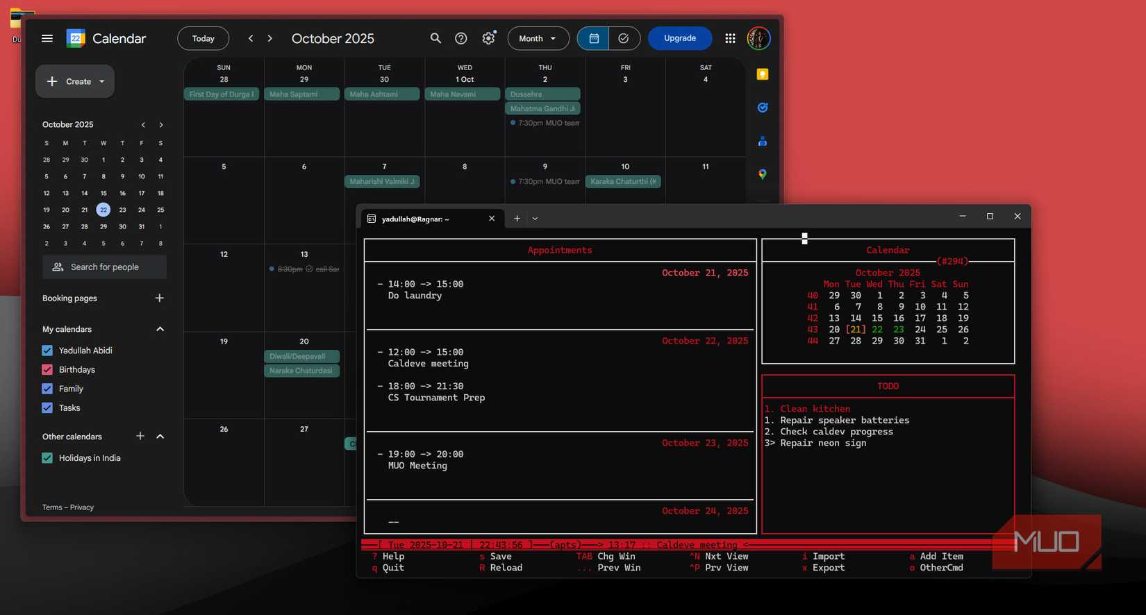 Google Calendar and calcurse open on Windows 11.
