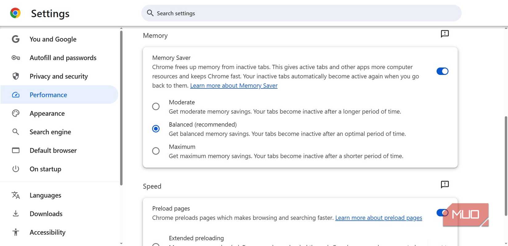 google chrome memory saver settings.