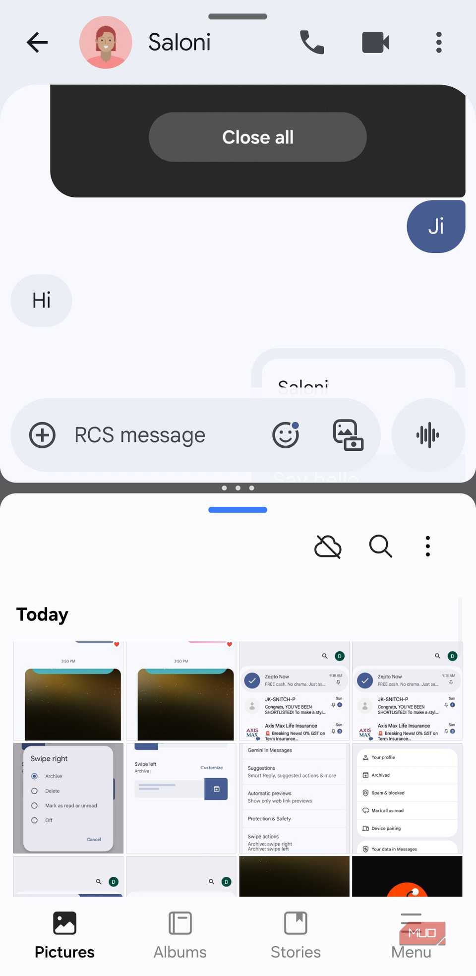 Google Messages and Gallery app in split screen