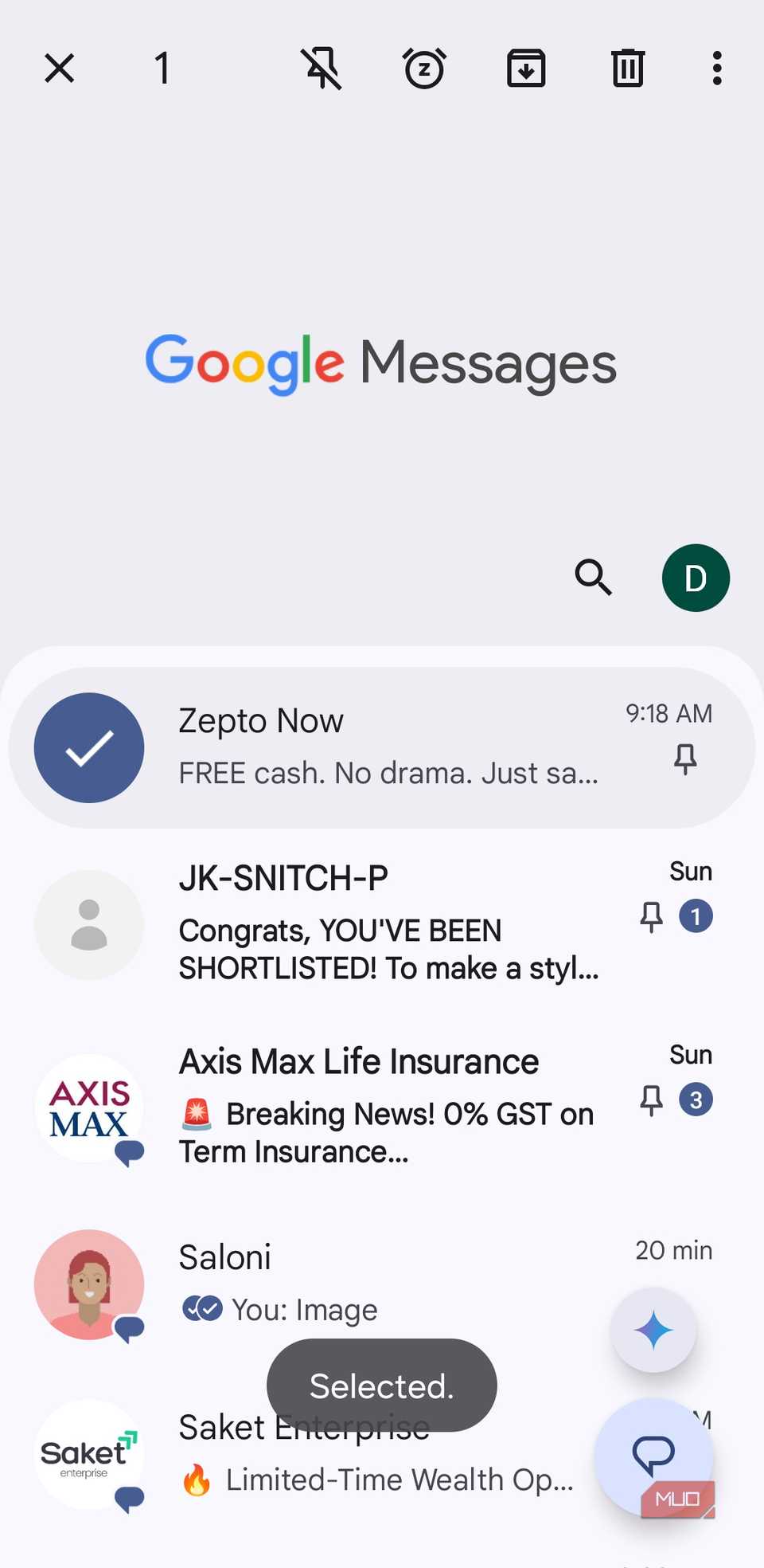 Google Messages long press menu on Android phone