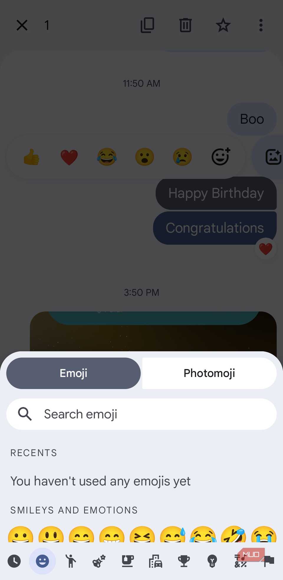 Google Messages reaction options on Android phone