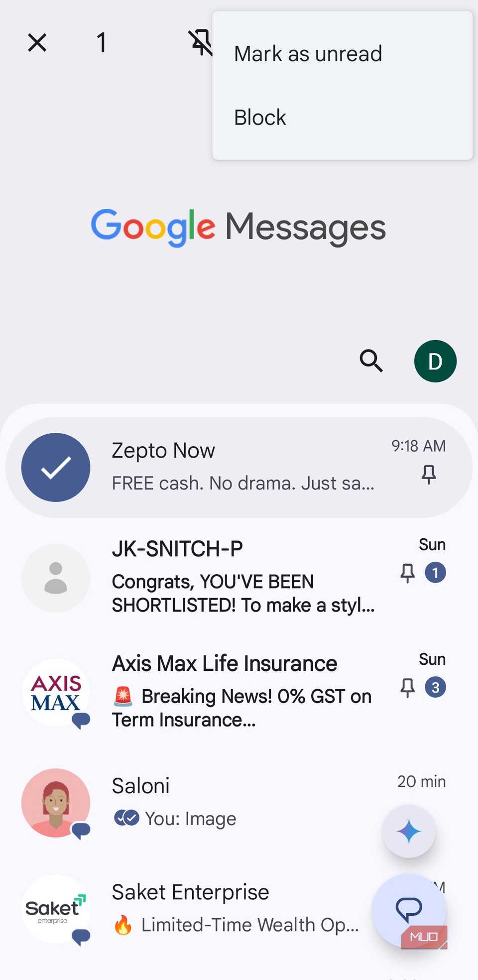 Google Messages three dot menu on Android phone
