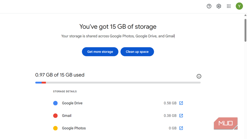 Google One storage tab showing the Gmail and Drive storage.
