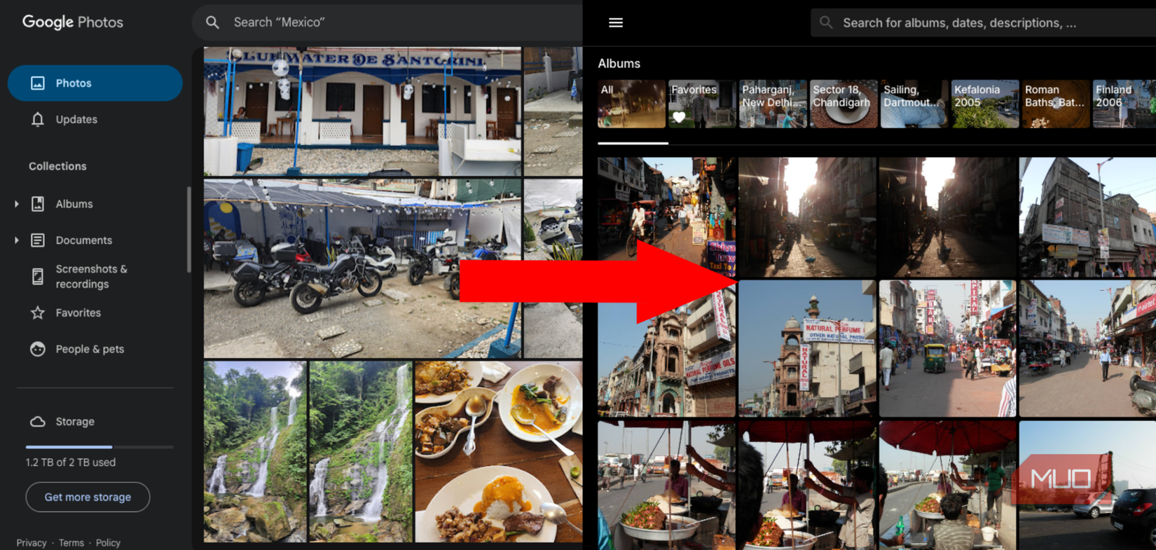 A Google Photos and Ente interface comparison.