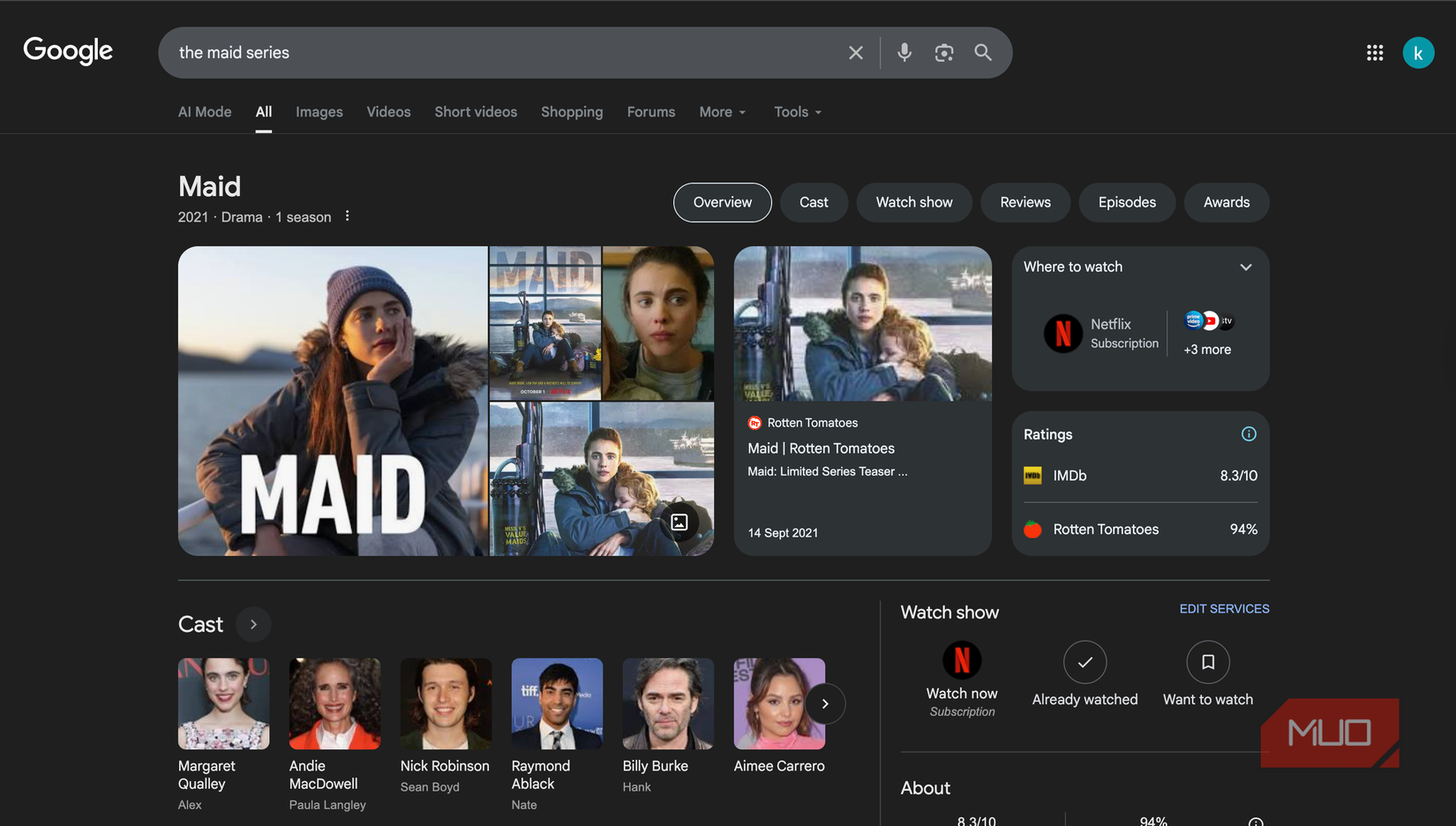 Google Search showing streaming availability