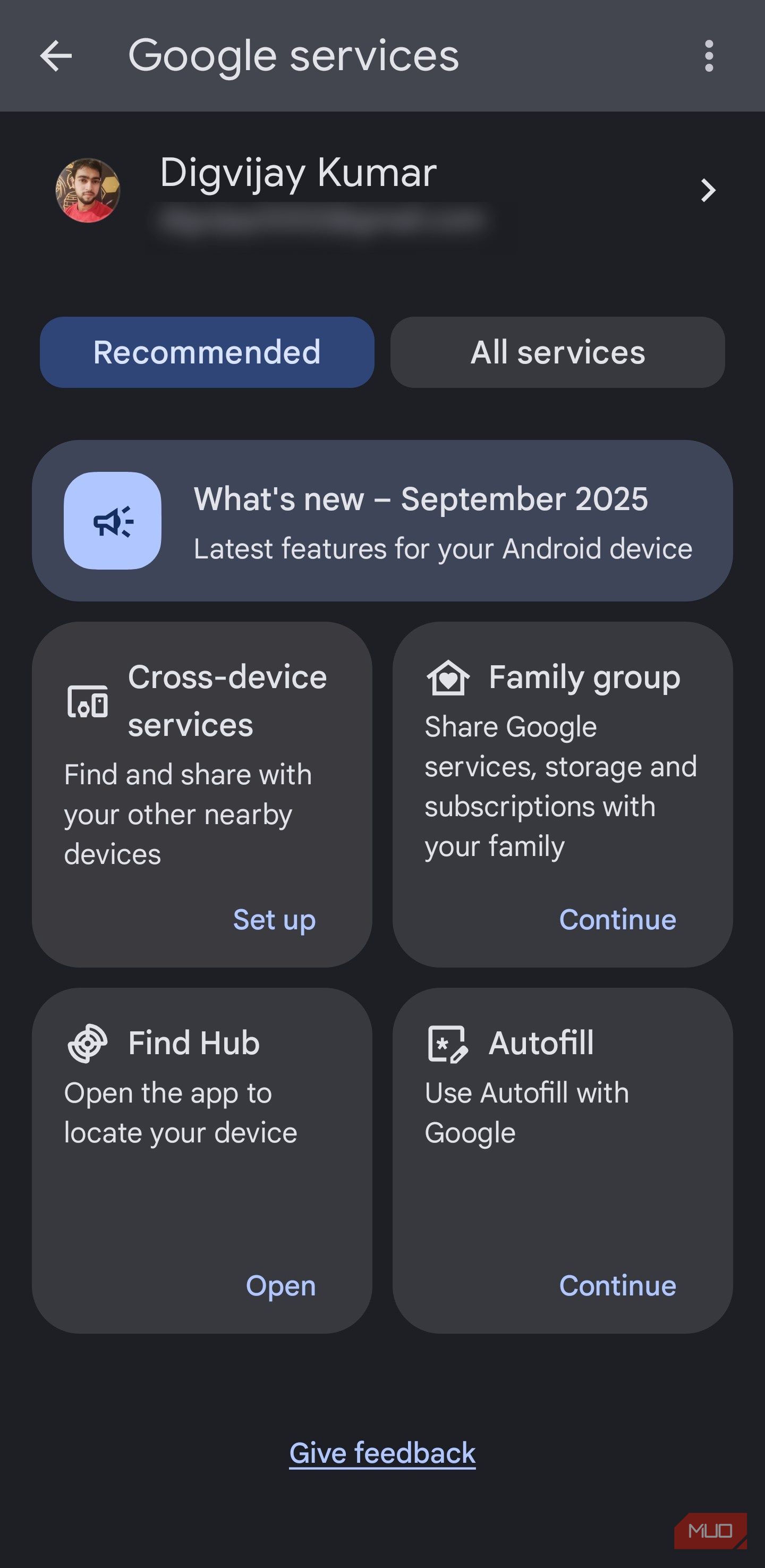 Google services dashboard screen