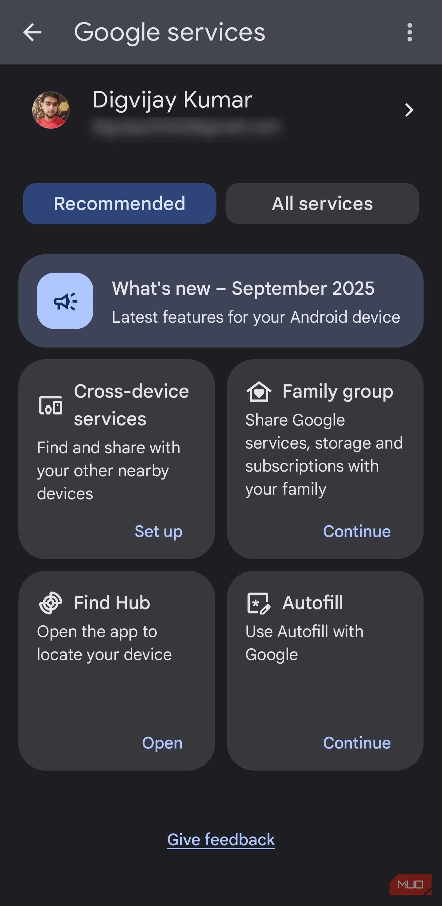 Google services dashboard screen