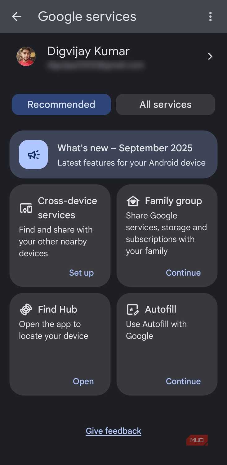 Google services dashboard screen