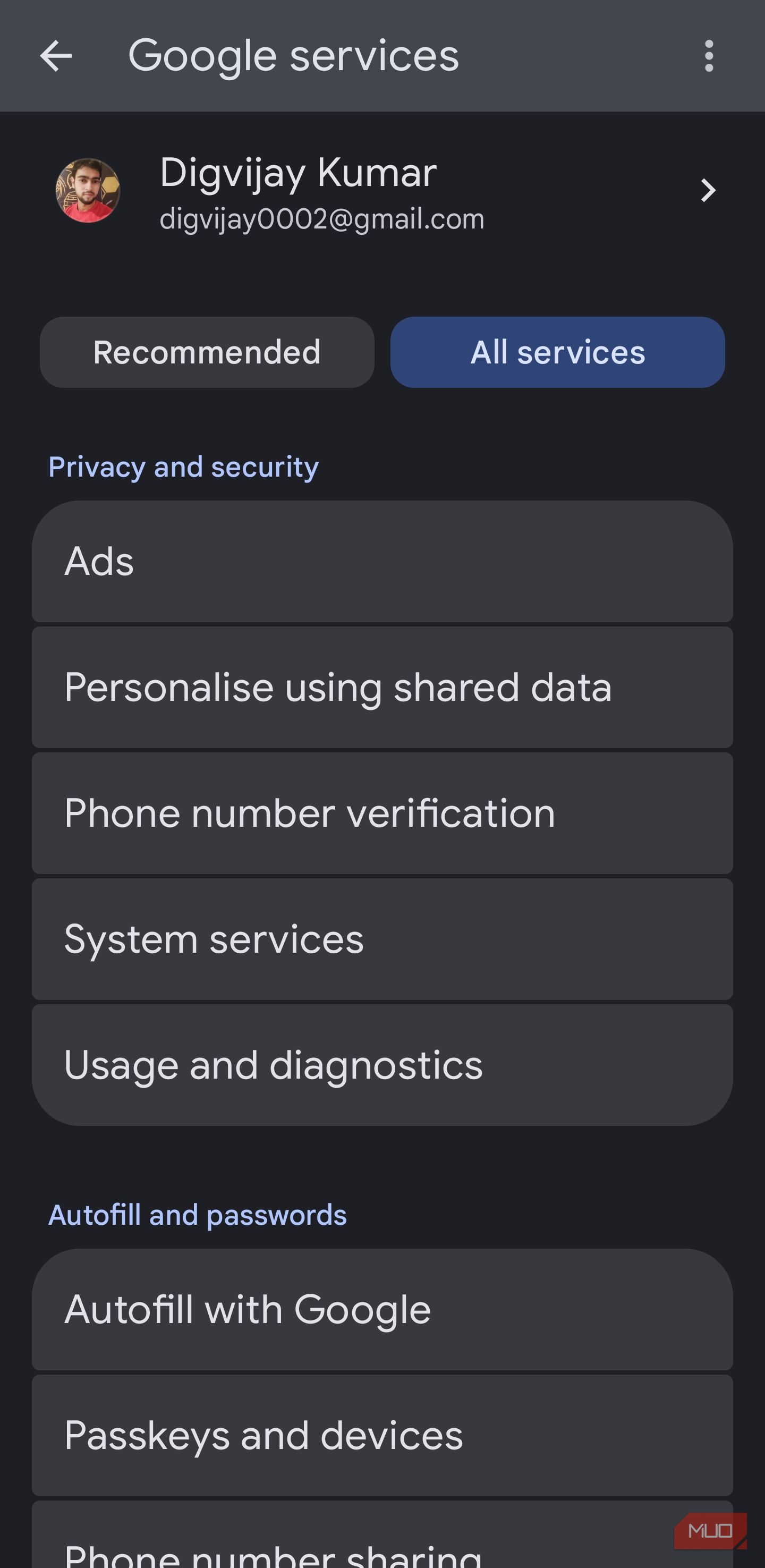 Google services settings showing Ads under privacy