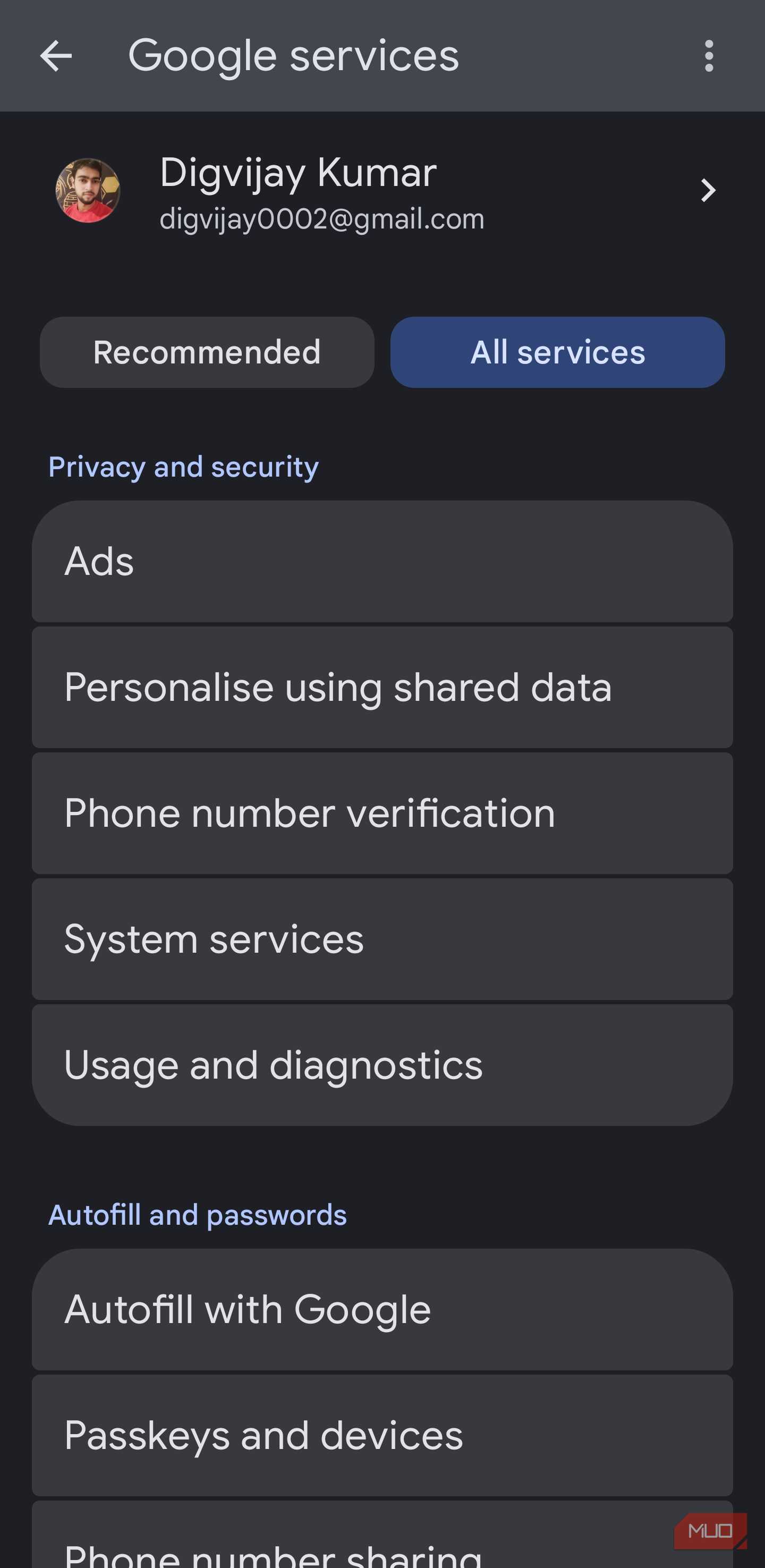 Google services settings showing Ads under privacy