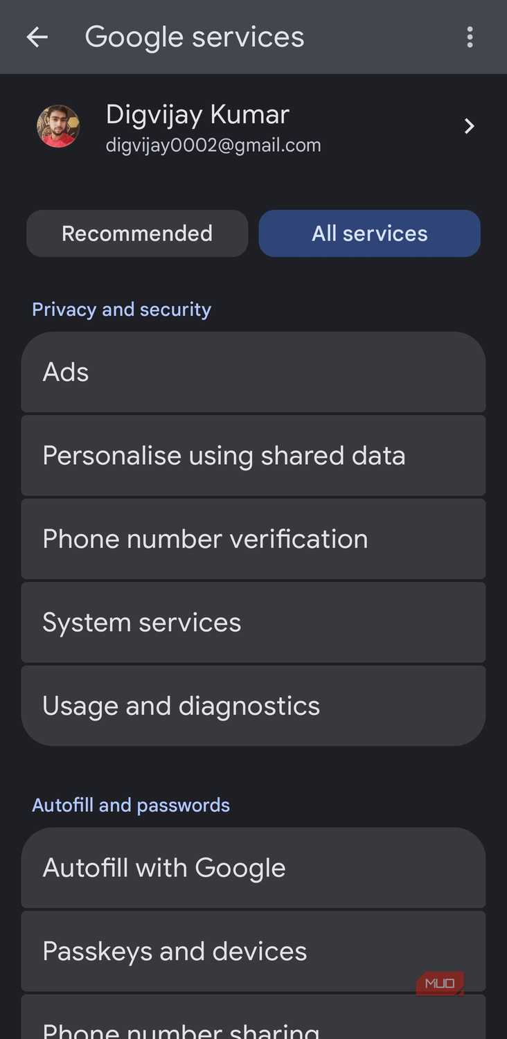 Google services settings showing Ads under privacy