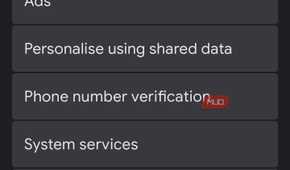 Google services settings showing Ads under privacy