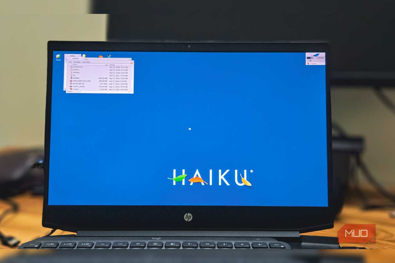 Haiku OS running on a HP pavillion gaming laptop kept on a wooden table