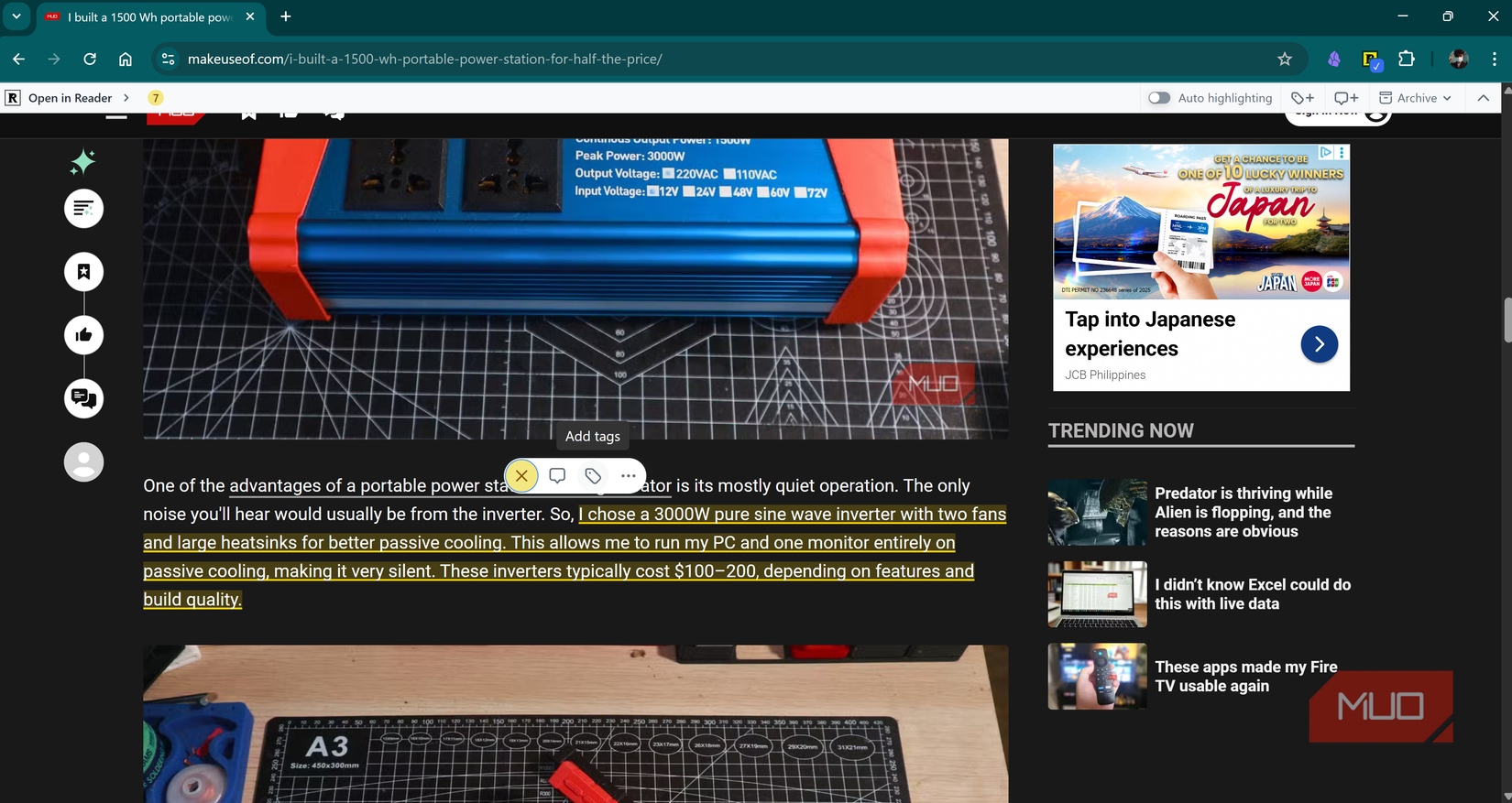 Creating highlight with Readwise browser extension